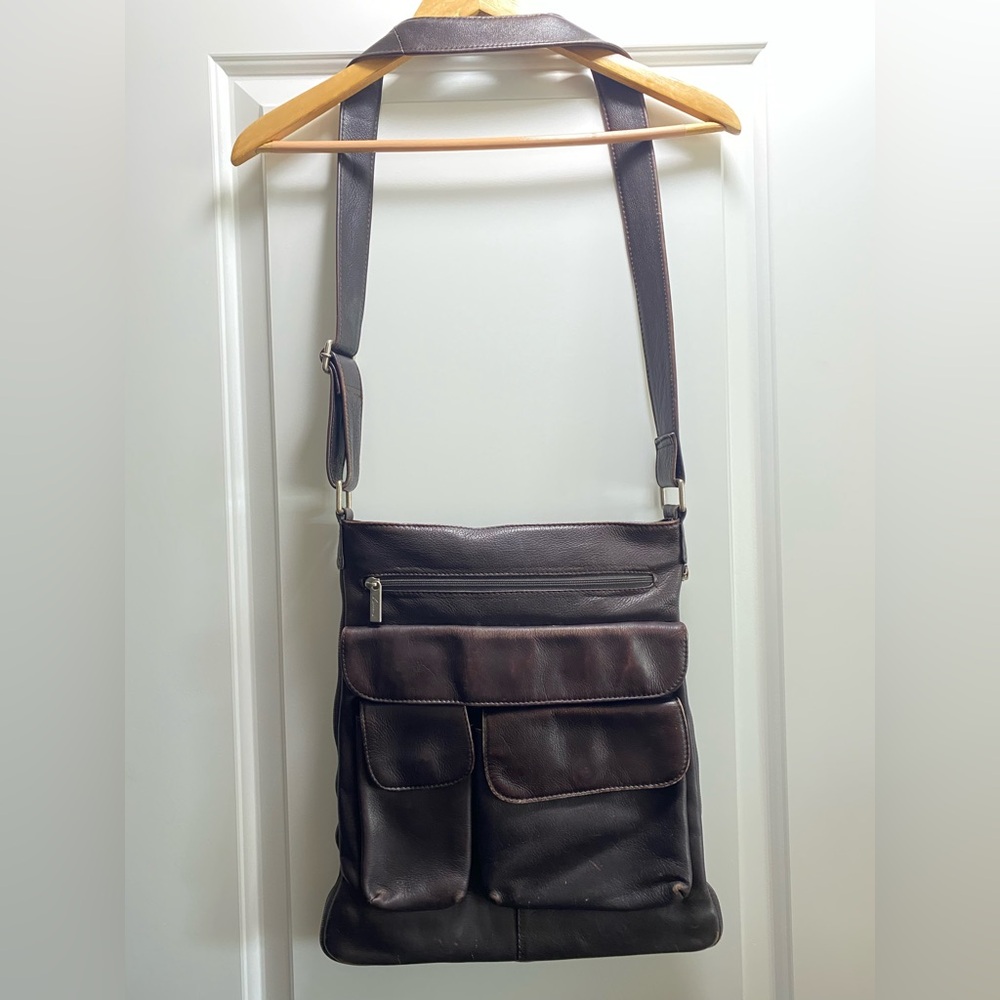 3/ $20 Lavive Deep Brown Columbian Leather Expandable Crossbody Hobo Satchel